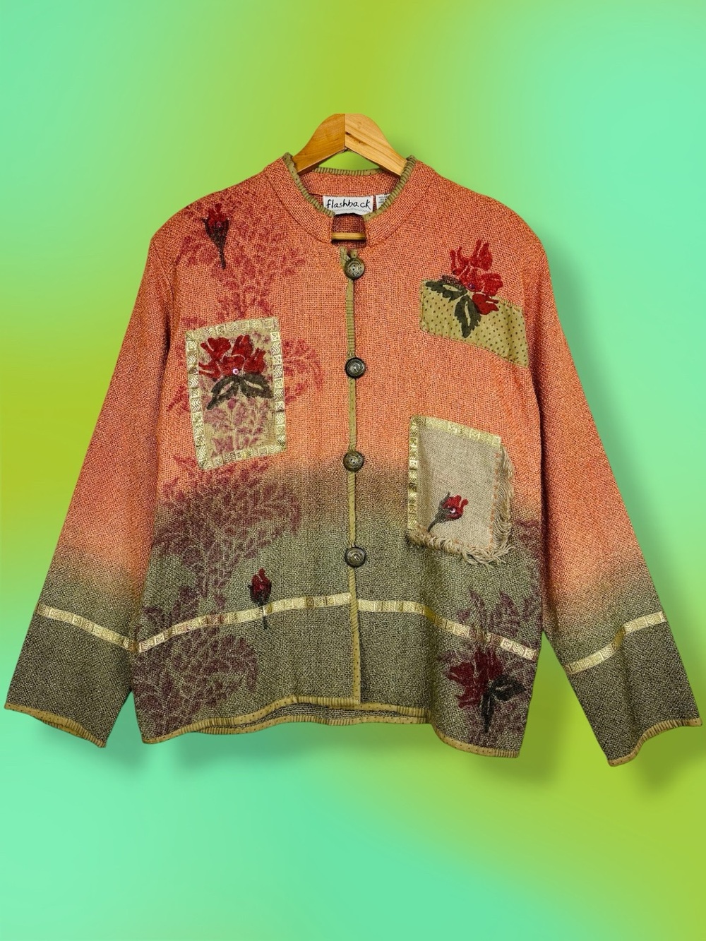Vintage Knit Tapestry Sequin Button Cardigan Jacket Lagenlook Gorpcore Oversized